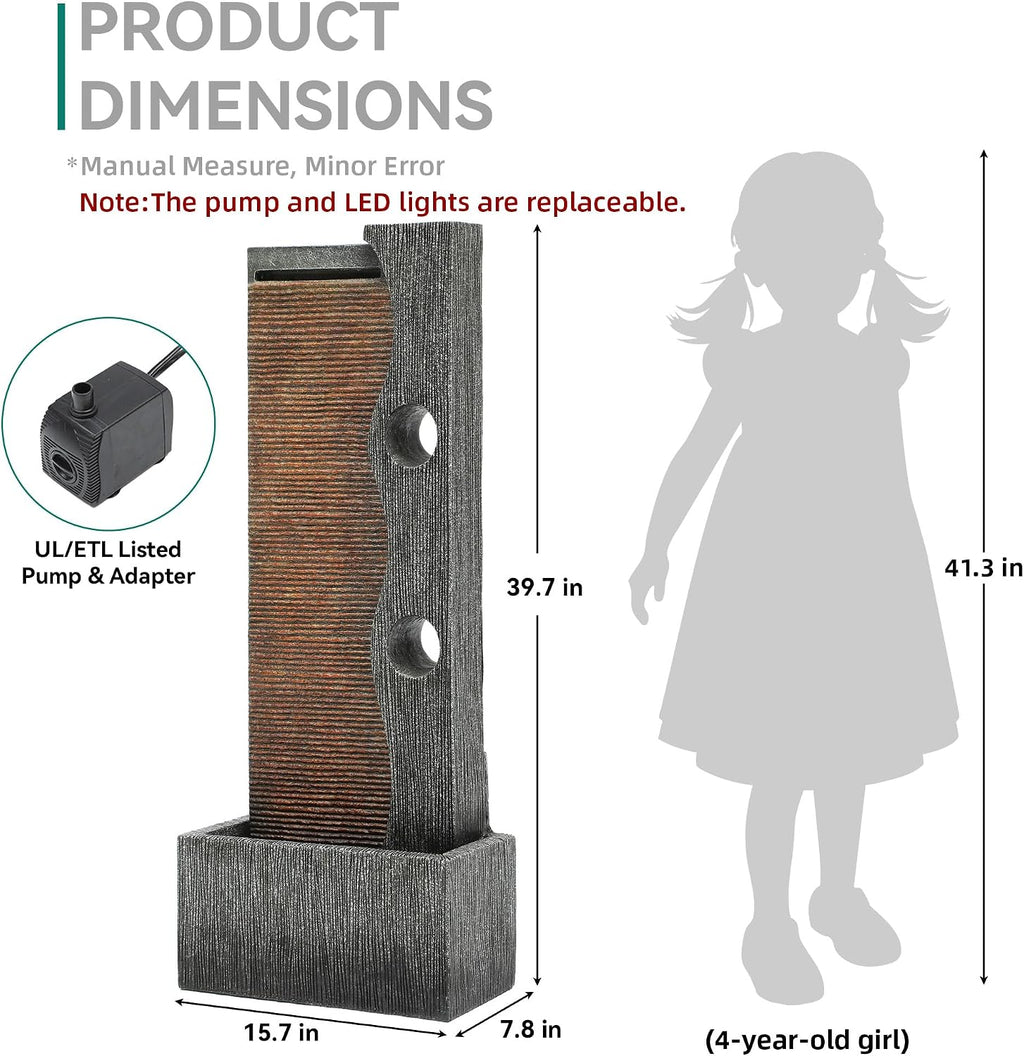 39.4' Modern Zen Faux Slate Water Fountain for Indoors or Outdoors with LED Lights, Cascading Waterfall, Tranquil Water Feature for Patio, Garden, Deck or Porch