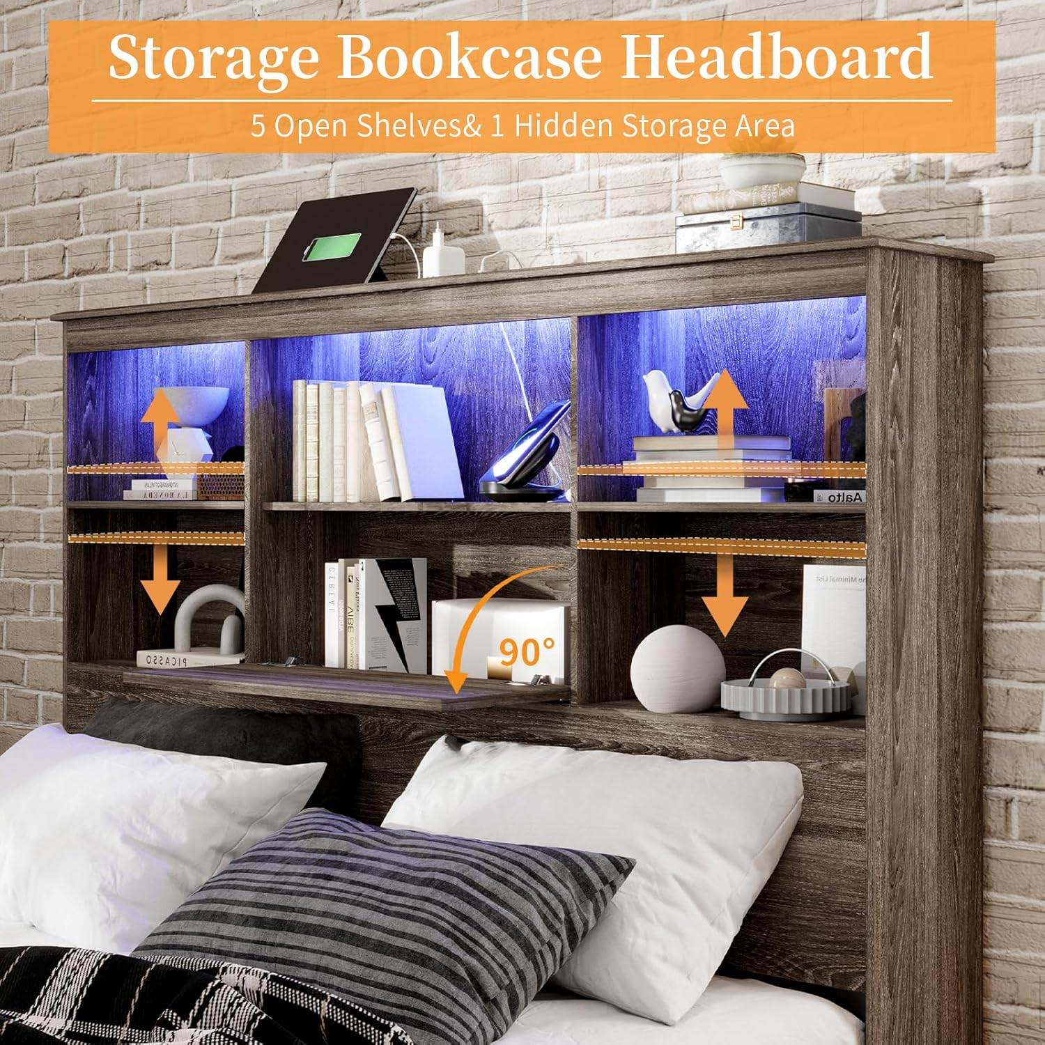 LUXOAK King Size Bed Frame with LED Bookcase Headboard, Wooden Storage Bed with Charging Station & 4 Drawers, No Box Spring Needed/Noise-Free/Rustic Grey