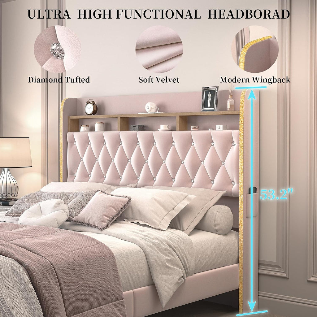SIBEDS Full LED Bed Frame with Storage Drawers, Velvet Upholstered Platform Beds with Galaxy Star Projector Charging Station Speaker, Aurora Bedframe with 2-Tier Storage Headboard, Noise-Free, Pink