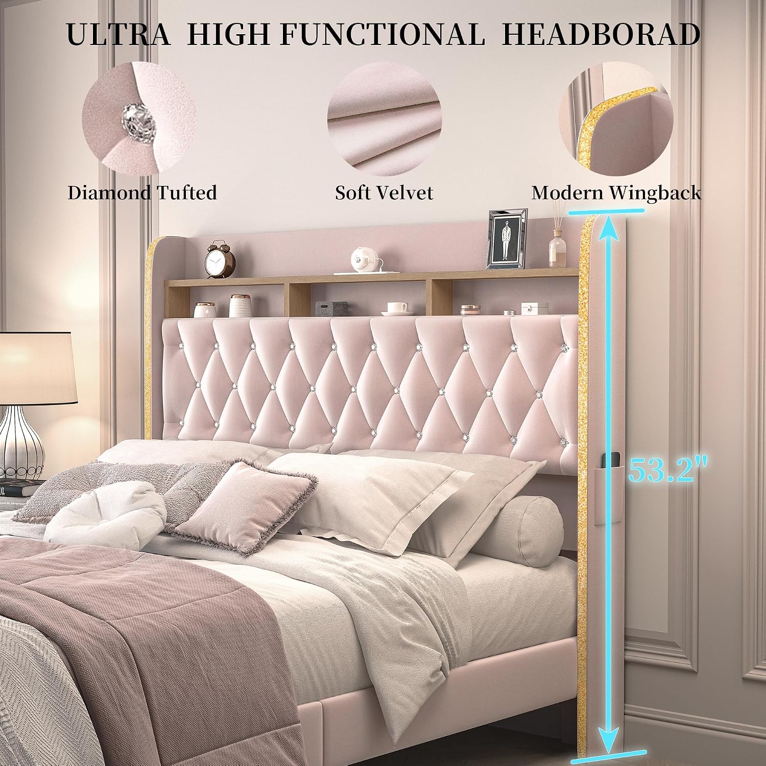 SIBEDS Full LED Bed Frame with Storage Drawers, Velvet Upholstered Platform Beds with Galaxy Star Projector Charging Station Speaker, Aurora Bedframe with 2-Tier Storage Headboard, Noise-Free, Pink