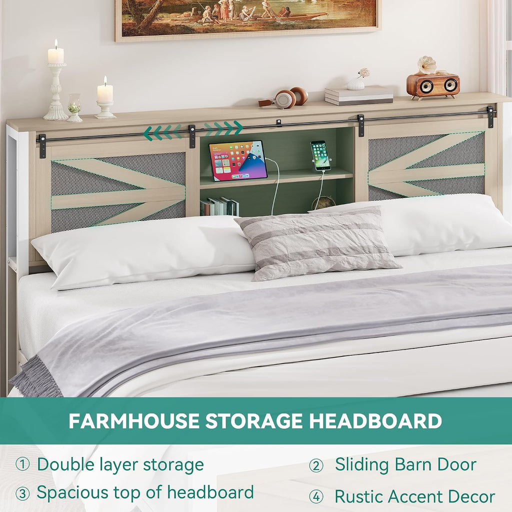 YITAHOME Farmhouse King Size Bed Frame with Headboard, Bookcase Storage Shelves, Sliding Grid Barn Door, Charging Station, Rustic Wood Platform Bed, No Box Spring Needed, Oak