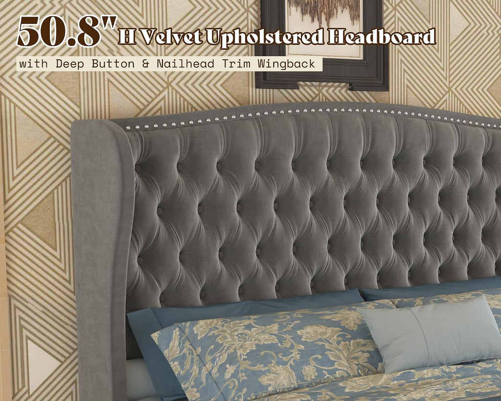 AMERLIFE 51' H Queen Size Adjustable Bed Frame with Velvet Upholstered and Deep Button Tufted Headboard, Electric Bed with Dual Motor/Nailhead Trim Wingback, No Box Spring Needed, Grey
