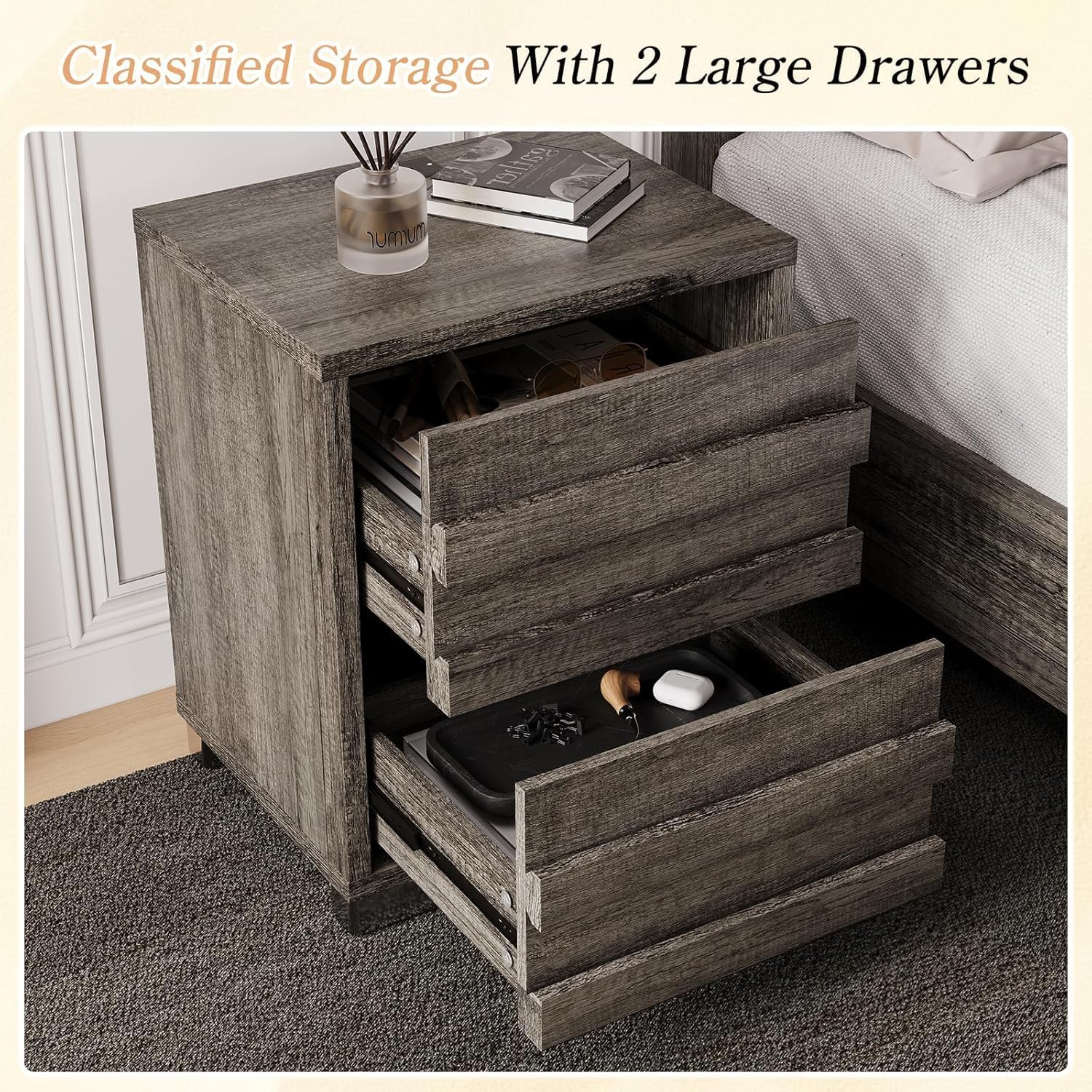 LUXOAK 3 Pcs Bedroom Furniture Set - Farmhouse 5 Drawer Dresser and Nightstand Sets of 2 with Charging Station, Slated Handles & Stainless Steel Feet, Rustic Grey