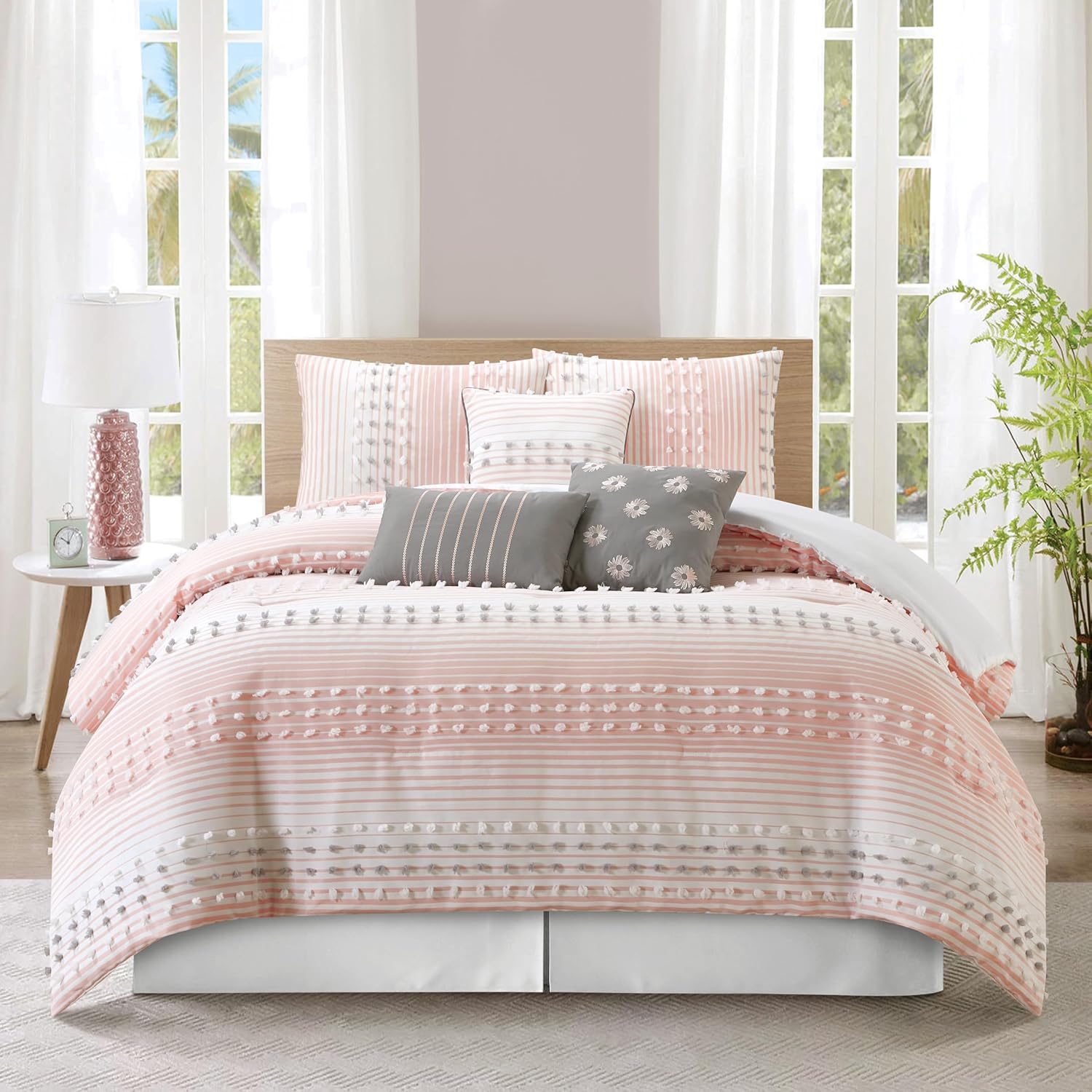 Grand Avenue Pink Striped Dots Cal King Comforter Set, 7 Piece, Jaquard & Clip Bedding Comforters & Sets, Bedskirt, Pillows & Shams, All Season Bedding Set