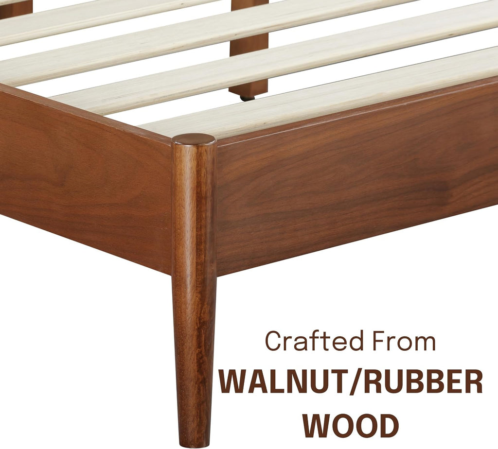 NTC Lupin Wooden Bed Frame with Headboard, Crafted from Walnut, Rubber Wood with Silent Slats and Wood Central Supports, 1000 Lb Capacity, Effortless Assembly, King - Dark Walnut