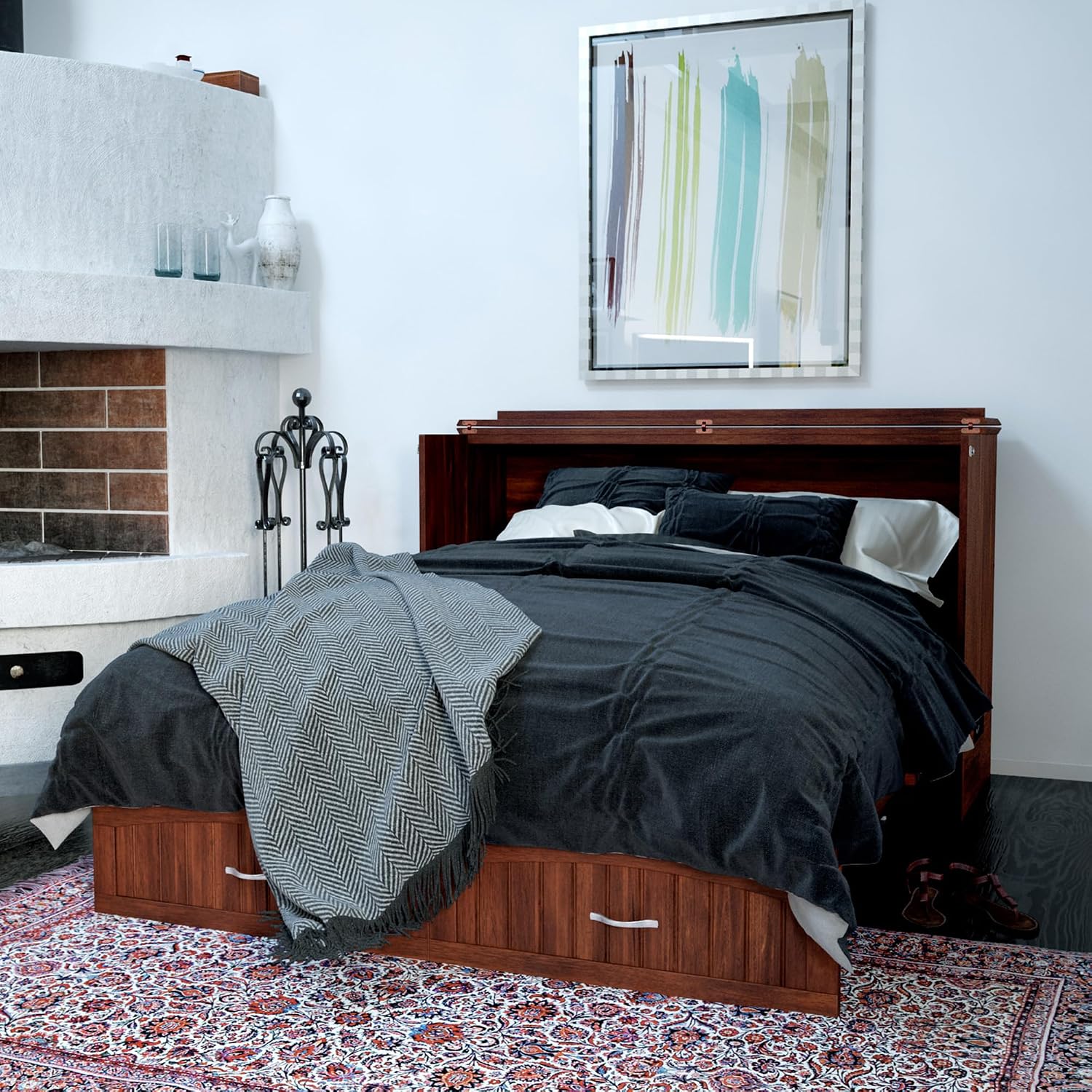 AFI, Southampton Murphy Bed Chest Queen with 6' Mattress, Storage Drawer & Built-in USB Charger, Walnut