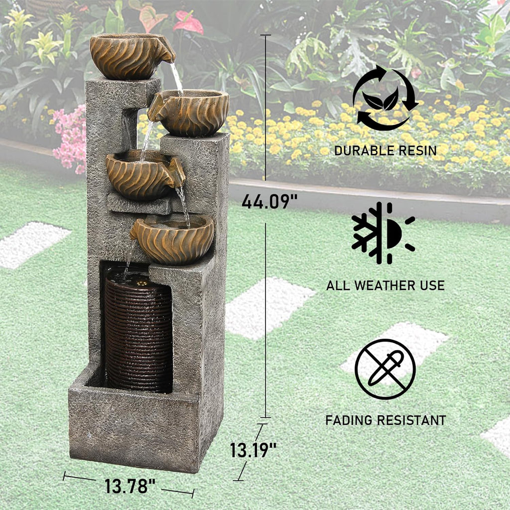 44.09''H Outdoor Garden Water Fountain with LED Lights Bowl Cascading Floor Standing Waterfall Fountains Indoor 5-Tiered Water Feature Decor for Backyard Lawn Porch Deck