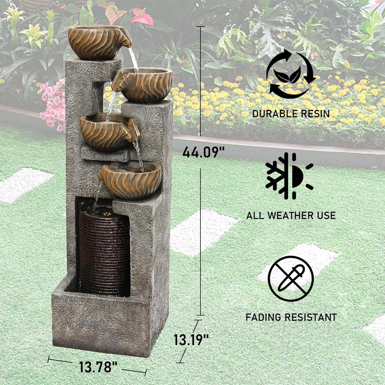 44.09''H Outdoor Garden Water Fountain with LED Lights Bowl Cascading Floor Standing Waterfall Fountains Indoor 5-Tiered Water Feature Decor for Backyard Lawn Porch Deck
