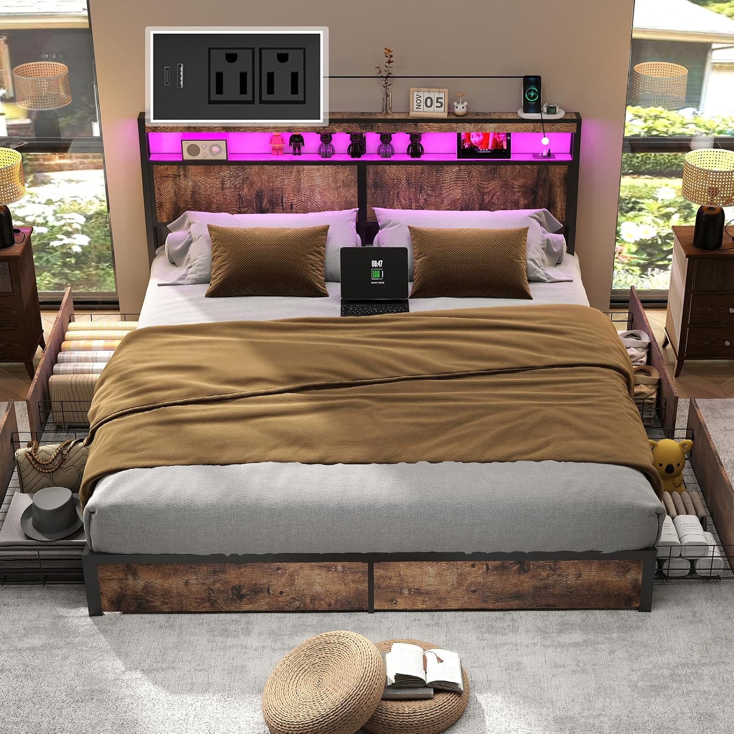Fabulis King Size Bed Frame with 4 Storage Drawers and Headboard with Charging Station and LED Lights,2 Tier Solid Wood Headboard Storage,Noise Free,Easy Assembly, Vintage Brown