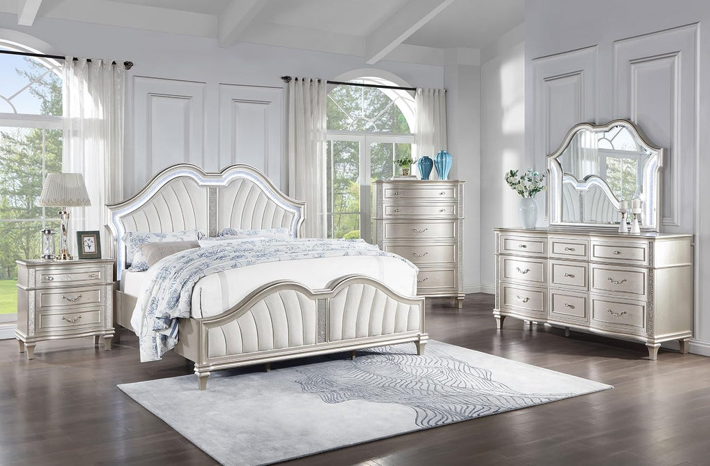 Coaster Home Furnishings Evangeline Modern Classic 5-Piece Bedroom Set Chenille Upholstered Queen Size LED Panel Bed Frame 64-inch Headboard Silver Oak 223391Q-S5