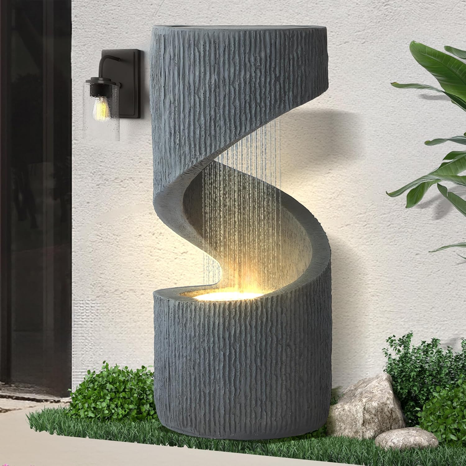 31.9' Outdoor Garden Water Fountain, S-Shaped Cascading Fountains and Waterfalls with LED Lights & Splash-Proof Net, Indoor/Outdoor Floor Standing Water Feature for Patio, Backyard, Home Decor