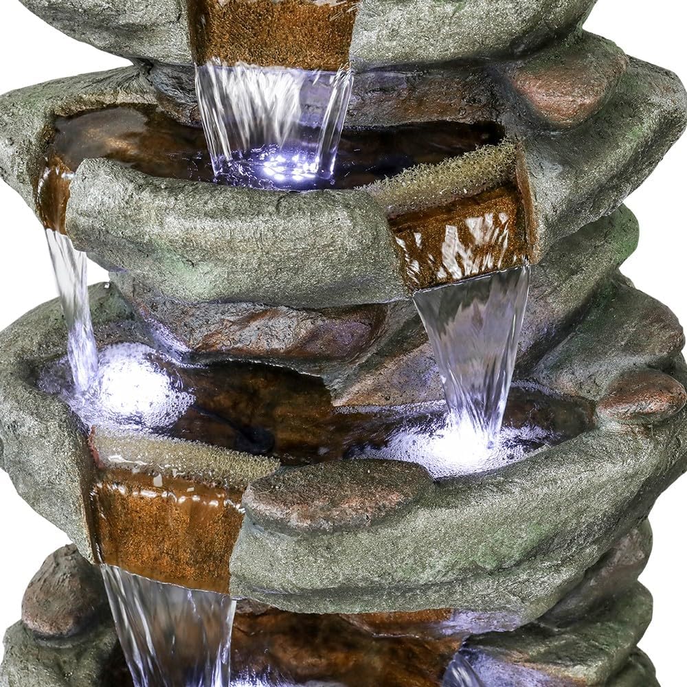 SunJet 40.5' High Rocks Outdoor Water Fountain - 6-Tiers Cascading Waterfall with LED Lights, Soothing Tranquility for Home Garden, Yard Decor