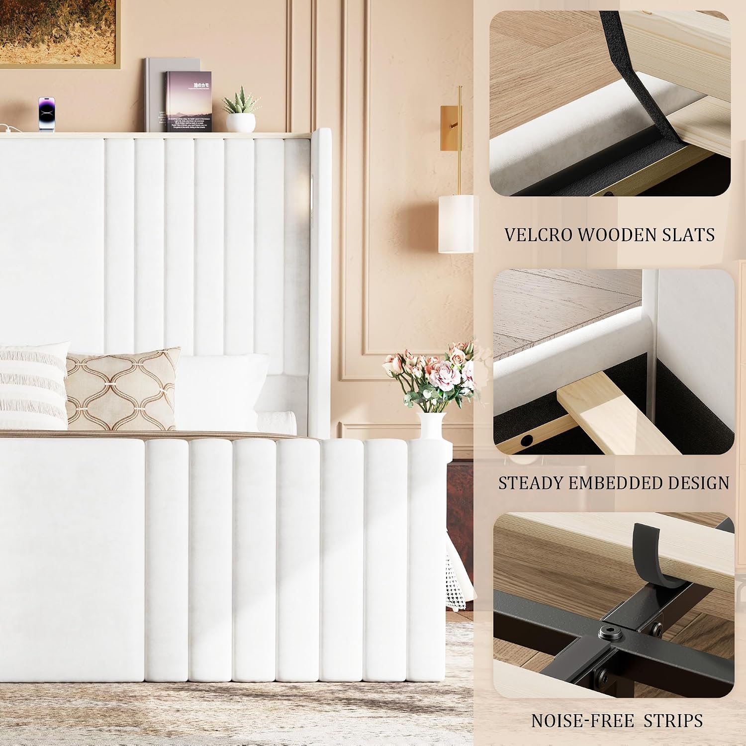 King Size Bed Frame with 55.1' Tall Headboard, Velvet Upholstered Platform Bed with Channel Tufted Wingback, 2 Reading Lights/Storage Shelf/Charging Station/Easy Assembly/Noise-Free, Cream