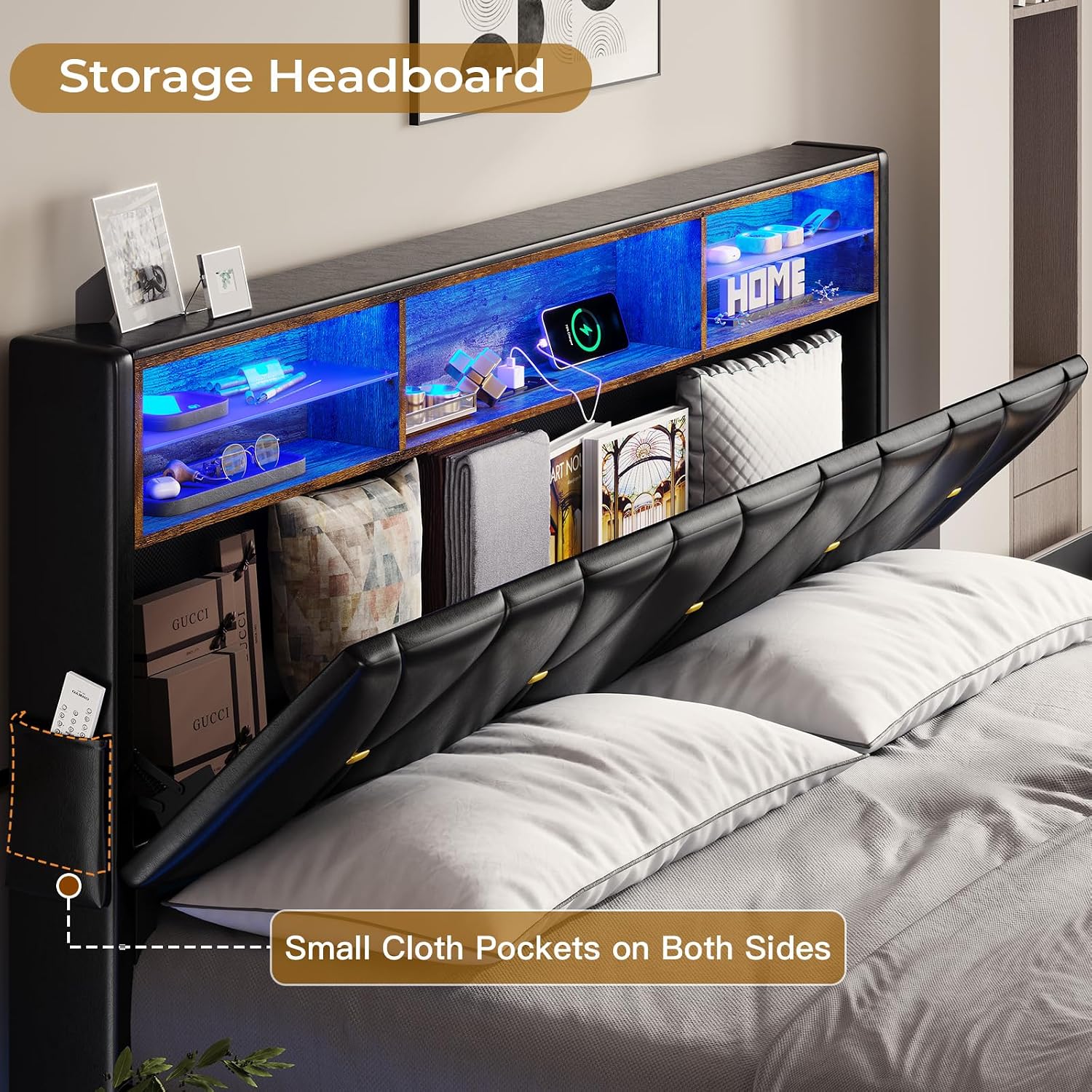 BTHFST Queen Bed Frame with LED Lights & Charging Station,LED Bed Frame Queen Size with Storage Shelf Headboard,Faux Leather Upholstered Bed, Black PU