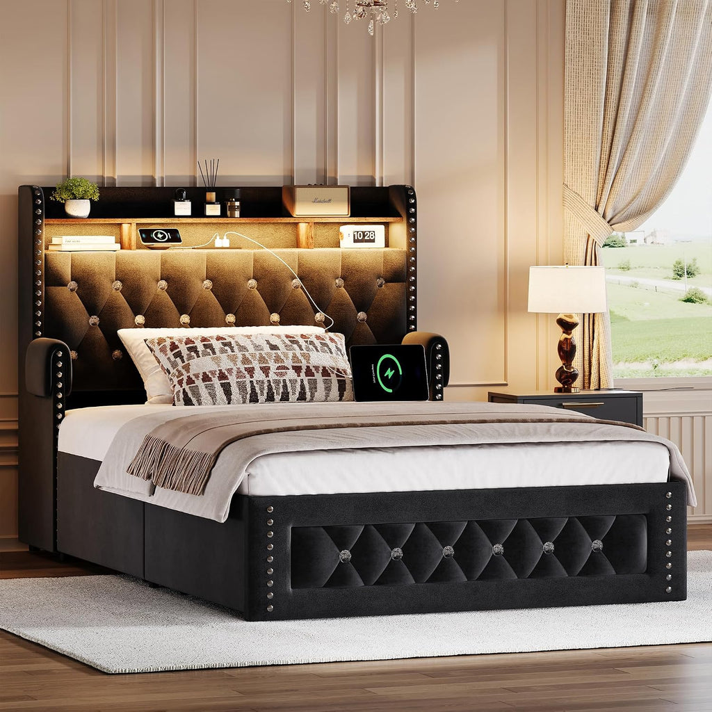 Ailisite Twin Size Bed Frame with 4 Storage Drawers and RGB Led Lights,Velvet Upholstered Platform Bed with Charging Station and Bookcase Storage Headboard, with Crystal and Rivet Deco, Black