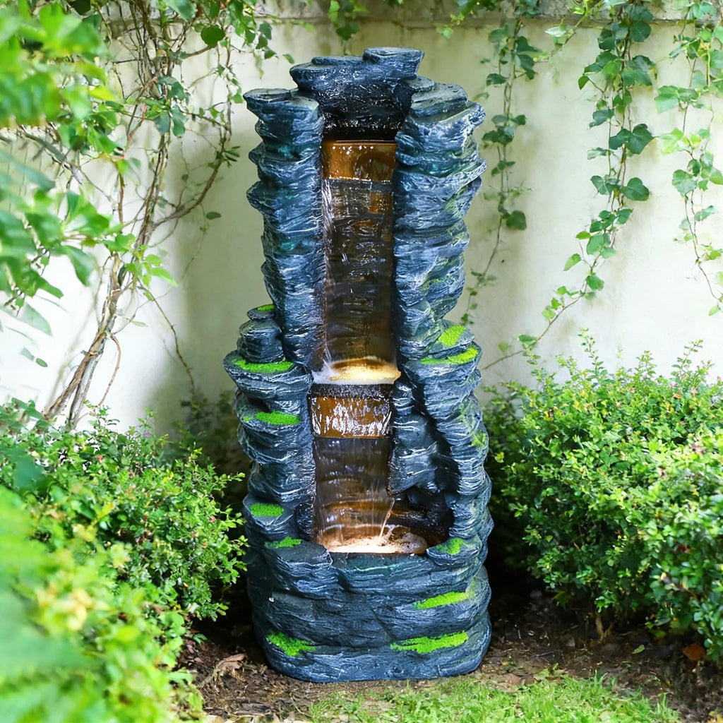 Outdoor Decorative Garden Fountain with LED Lights,Featuring a 39.37-Inch Cascading Garden Waterfall Scenery