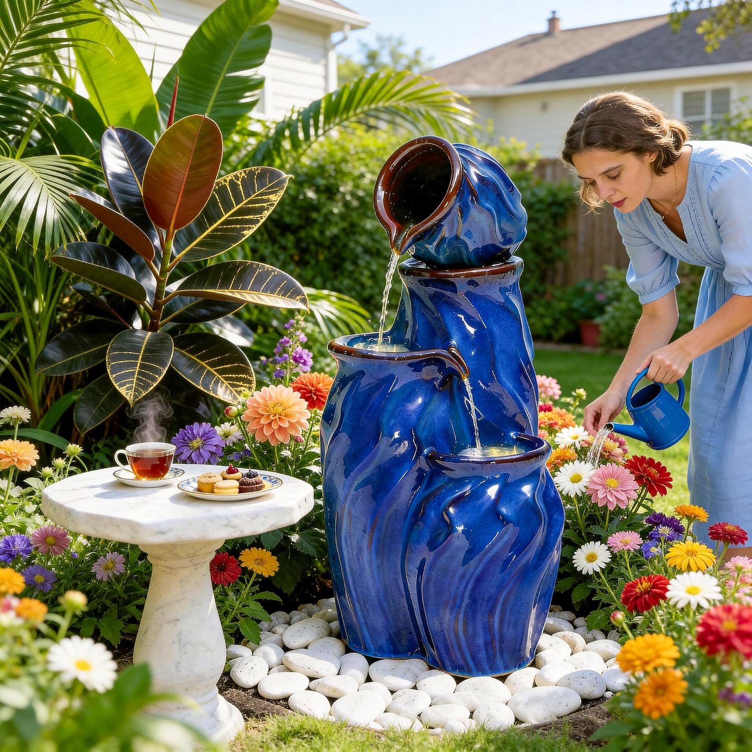 29' Ceramic Water Fountain Outdoor, 4-Tier Dynamic Wavy Outdoor Fountain with Artistic Cobalt Blue Glaze, Decorative Water Feature, Cascading Waterfalls for Serene Garden Patio Yard Porch Decor