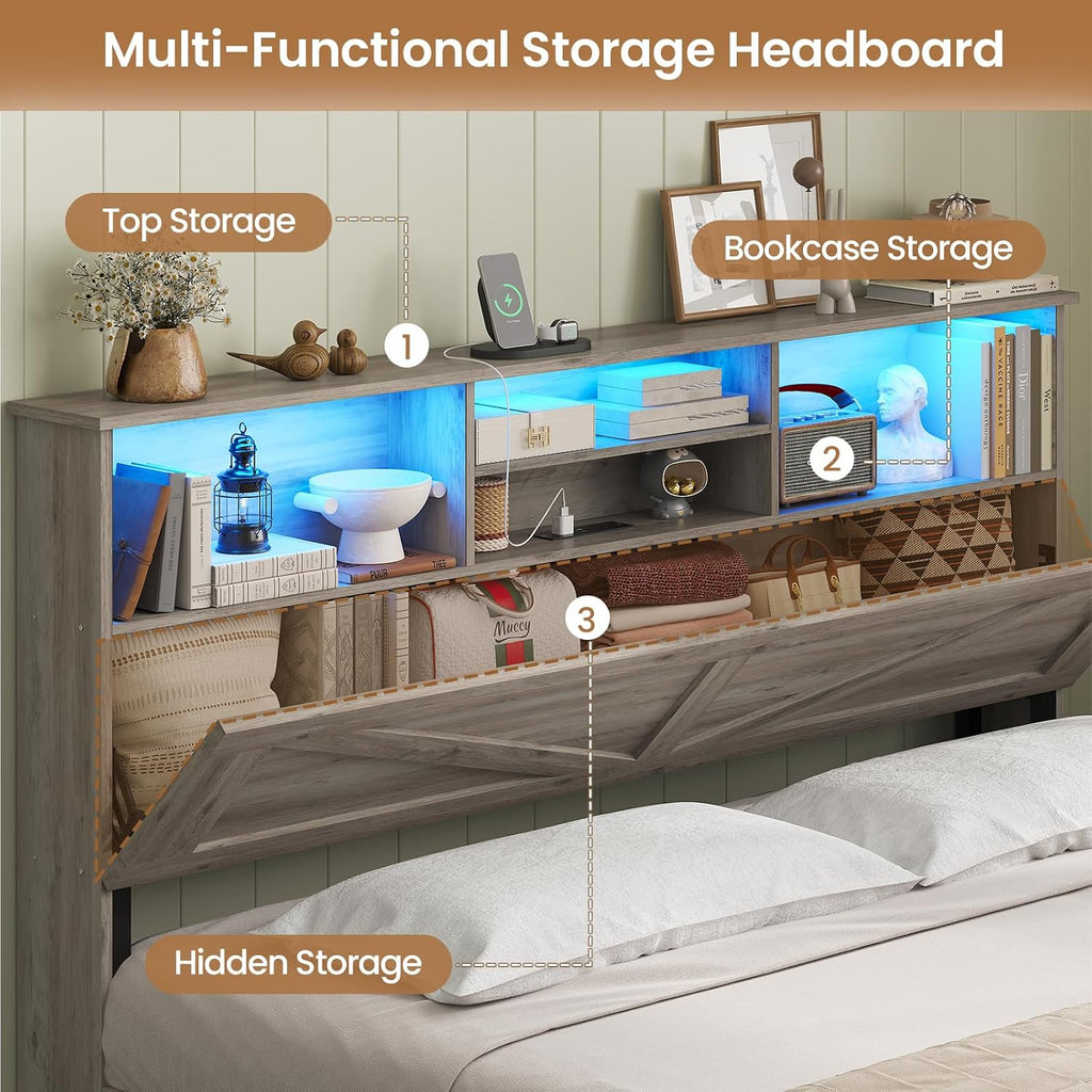 AOGLLATI Full Size Bed Frame with Storage Bookcase Headboard and 4 Drawers,Wooden Farmhouse Led Bed Frame Full Size with Charging Station & Metal Slats, Grey