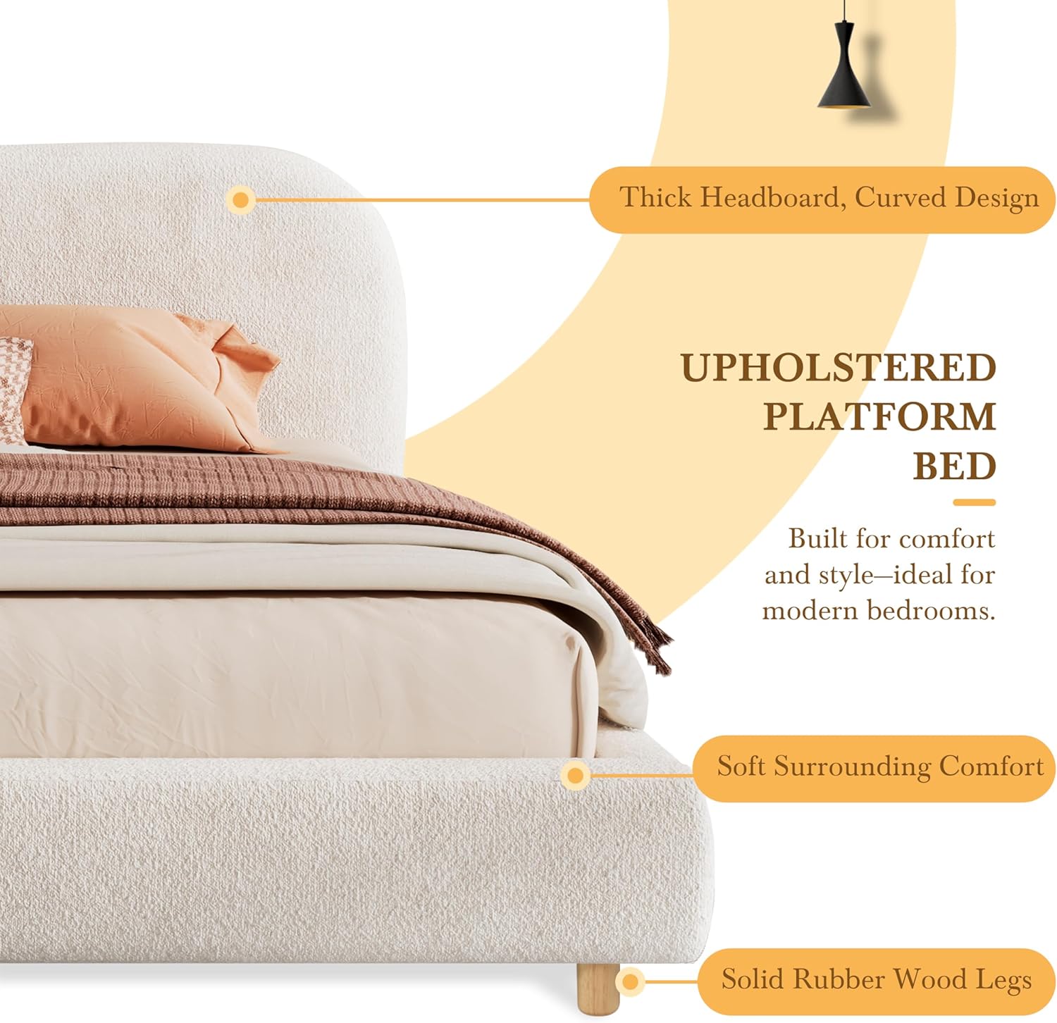 JIVOIT King Size Platform Bed with Curve-Shaped Design Headboard, Boucle Fabric Upholstered Platform Bed with Strong Support, Modern Bed Frame, No Box Spring Needed, Easy Assembly (White,King,8)