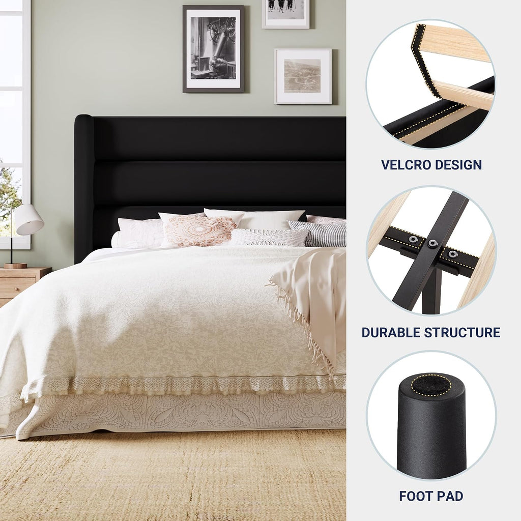 Allewie Queen Size Platform Bed Frame with Velvet Upholstered Wingback Headboard, No Box Spring Needed, Under Bed Storage Space, Strong Wooden Slats, Modern Mattress Foundation, Easy Assembly, Black