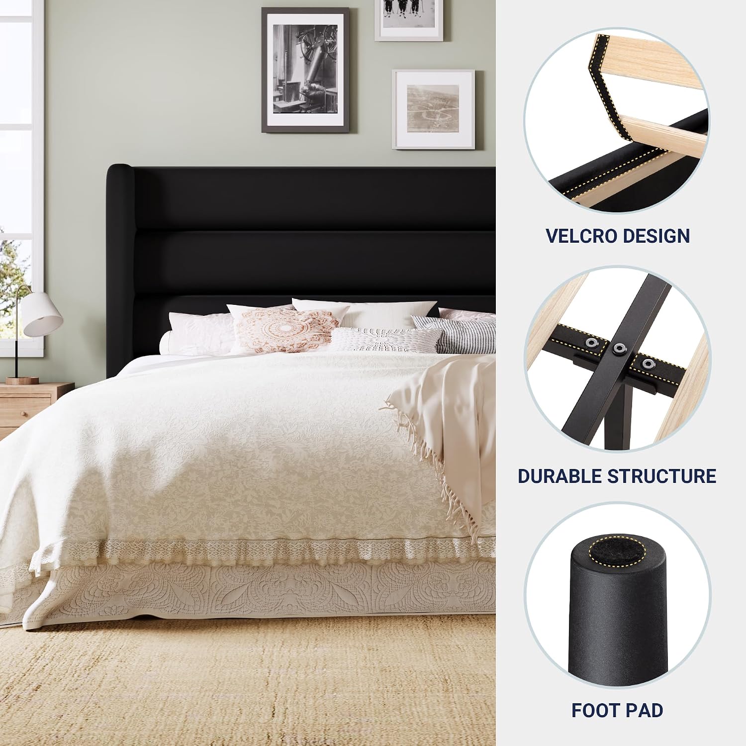 Allewie Queen Size Platform Bed Frame with Velvet Upholstered Wingback Headboard, No Box Spring Needed, Under Bed Storage Space, Strong Wooden Slats, Modern Mattress Foundation, Easy Assembly, Black
