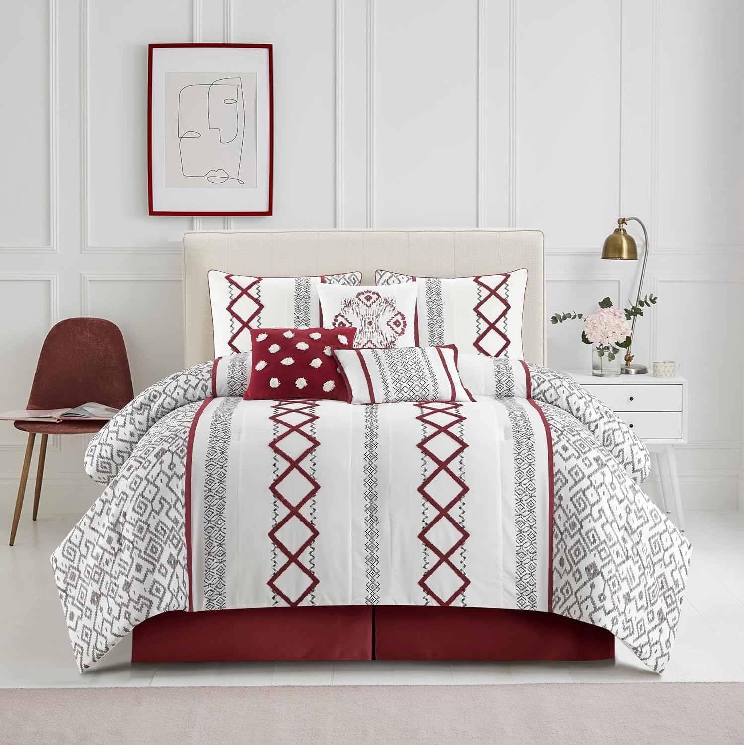 Grand Avenue White Red Comforter Set Queen Size, 7 Piece Terry Embroidery All Season Bedding Set, Bedskirt, Pillows & Shams