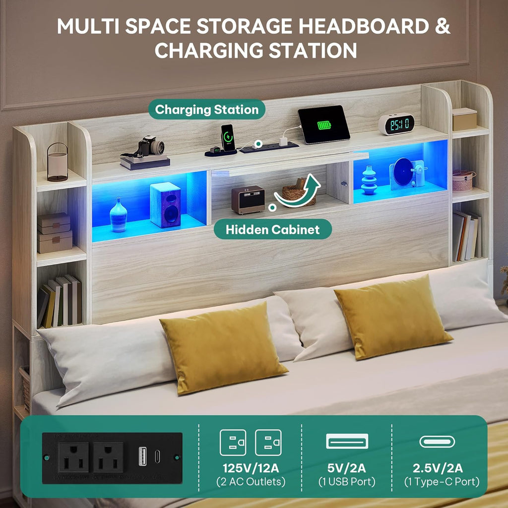 DWVO Queen Size Bed Frame with Bookcase Headboard and 4 Storage Drawers, RGB LED Bed Frame with Type-C & USB Charging Station Storage Headboard Bed, No Box Spring Needed, Noise Free, Antique White