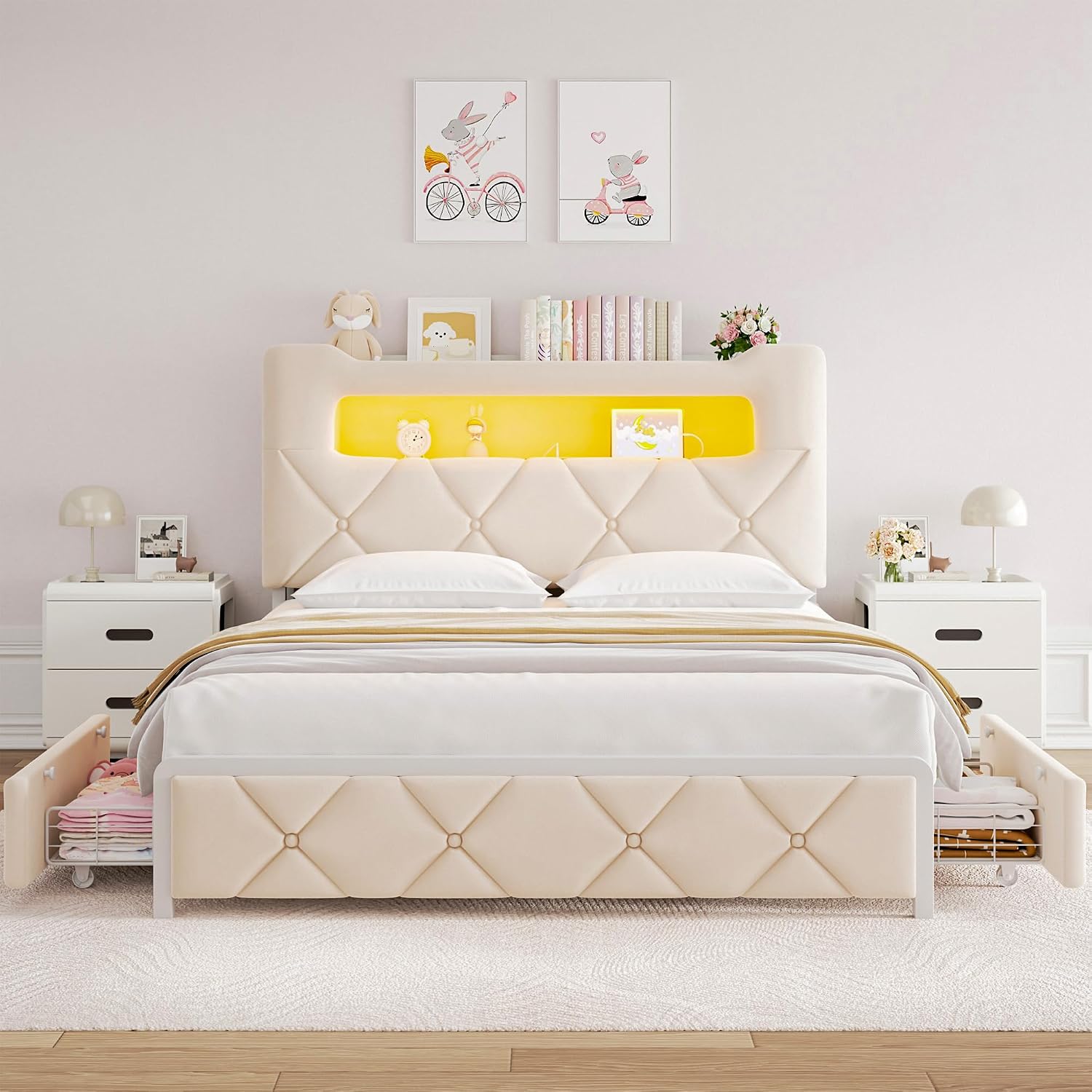 Full Upholstered LED Bed Frame with 2 Storage Drawers and 2-Tier Storage Headboard, Velvet Princess Platform Bed with Charging Station & Bookcase,Heavy Duty Metal Support,No Box Spring Needed,Beige