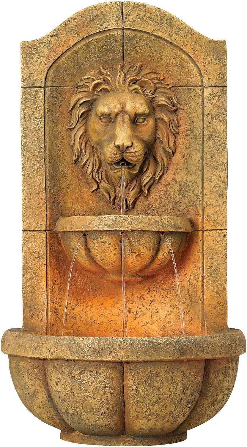 Royal Lion Head 29 1/2' High Large Italian Indoor Outdoor Decor Faux Stone Wall Fountain with Light LED Statue Waterfall Tiered Water Feature for Outside Garden Patio Yard Backyard - John Timberland