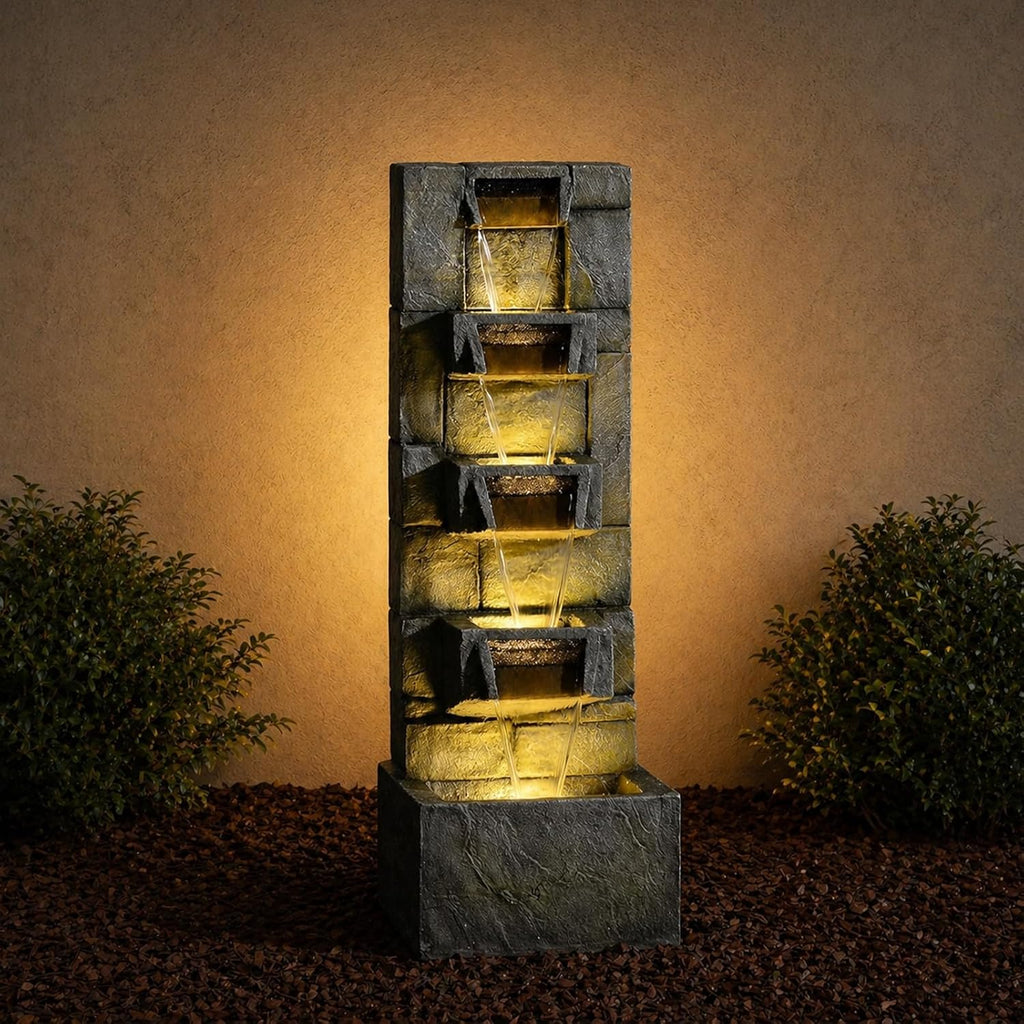 Outdoor Waterfall Fountain with LED Lights, 41' Tall Stone-Look Cascading Water Feature for Home Décor, Realistic Flowing Water Sound for Relaxation, Freestanding Indoor/Outdoor Fountain