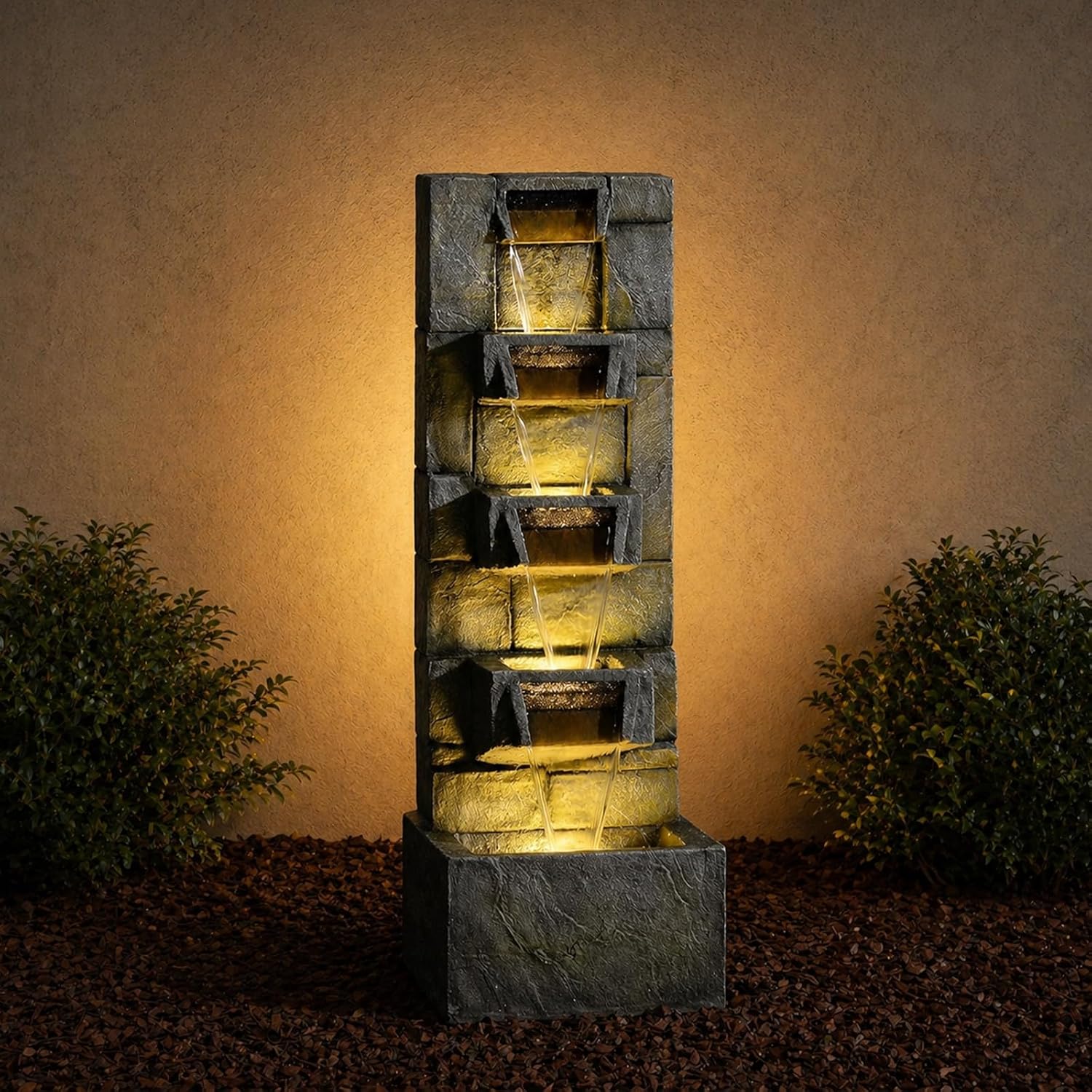 Outdoor Waterfall Fountain with LED Lights, 41' Tall Stone-Look Cascading Water Feature for Home Décor, Realistic Flowing Water Sound for Relaxation, Freestanding Indoor/Outdoor Fountain