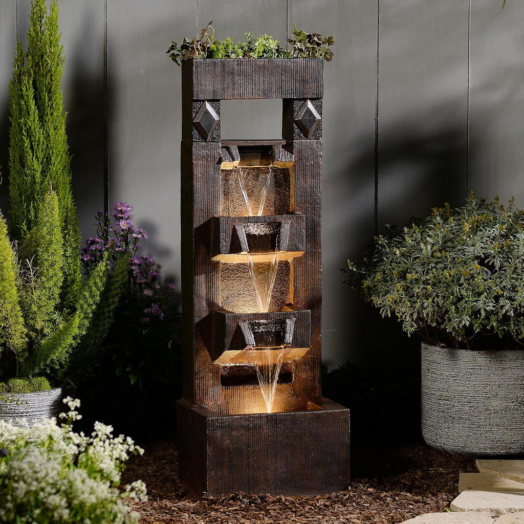 Bumilgar 40.9' H 4-Tier Indoor/Outdoor Modern Water Fountain with Led Lights and Pump, Outdoor Freestanding Cascading Waterfall - Suitable for Garden, Patio, Porch, Yard and Outdoor Decor (Brown)