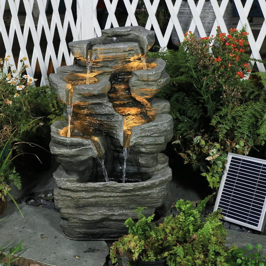 6-Tier Solar Water Fountain Outdoor, 24.4' H Cascading Rock Feature Garden Fountains and Waterfalls with Light, Pump, Solar Panel for The Patio, Deck, Porch, Backyard Home Décor, Stone Gray