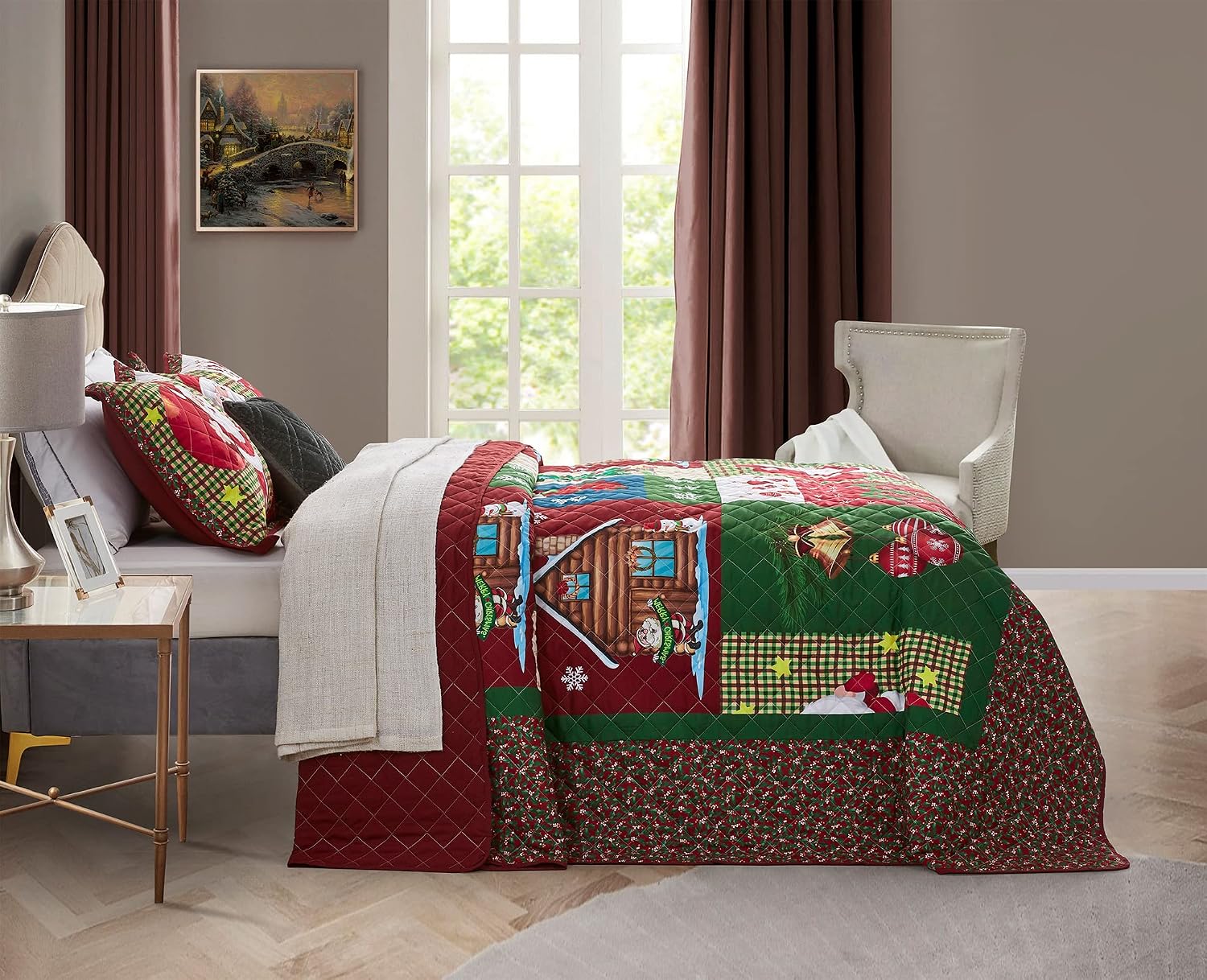 CHIXIN Christmas Oversized Bedspread King Size, Santa Claus Pattern Bedding Quilt, Rustic Lodge Plaid Patchwork Coverlet Set, Lightweight & Soft Microfiber, 3 Piece, King/Cal King