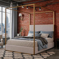 Queen Size Metal Canopy Bed with Tall Upholstered Channel Headboard and Gold 4 Poster, No Box Spring Needed (Beige+Gold, Queen)