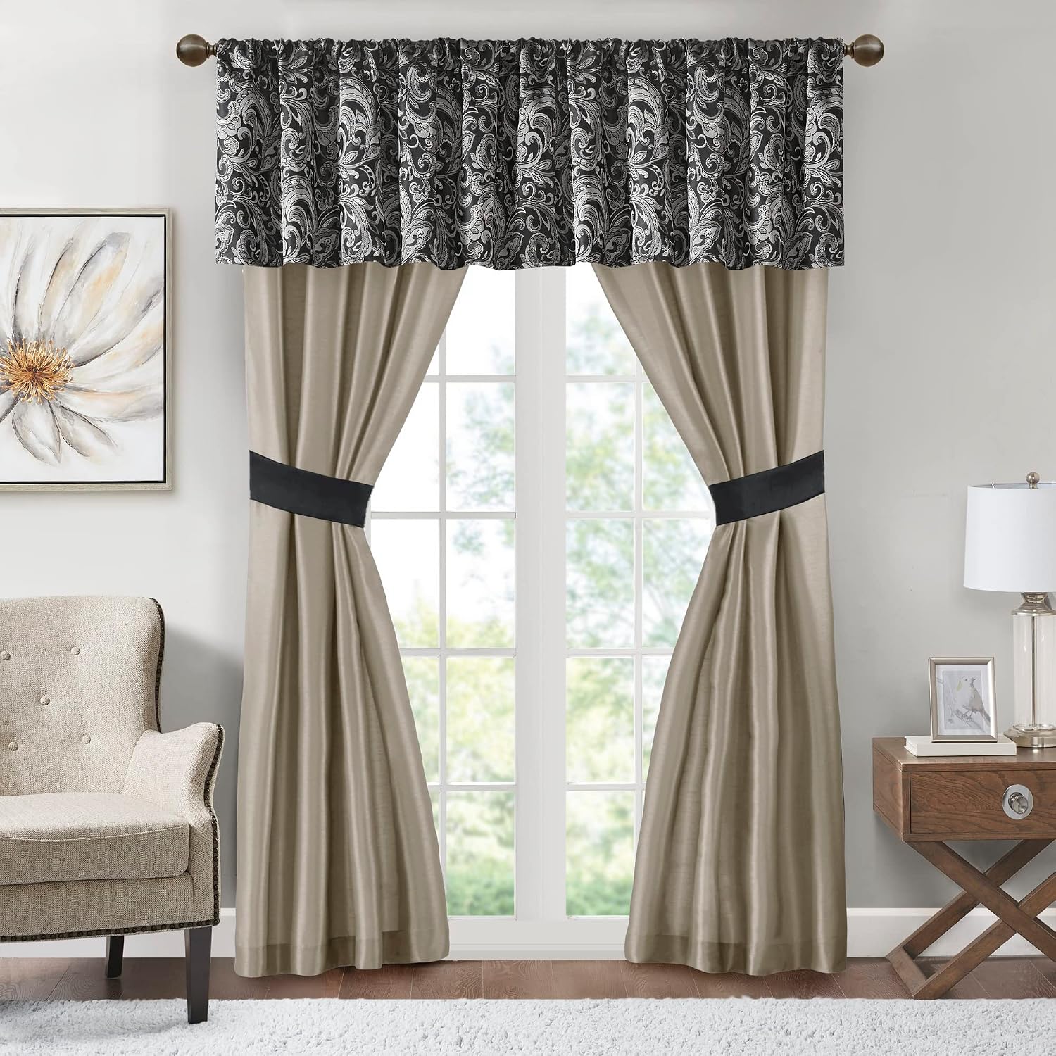 Madison Park Essentials Brystol 24 Piece Room in a Bag Faux Silk Comforter Jacquard Paisley Design Matching Curtains Down Alternative All Season Bedding-Set, Queen(90 in x 90 in), Black 24 Piece