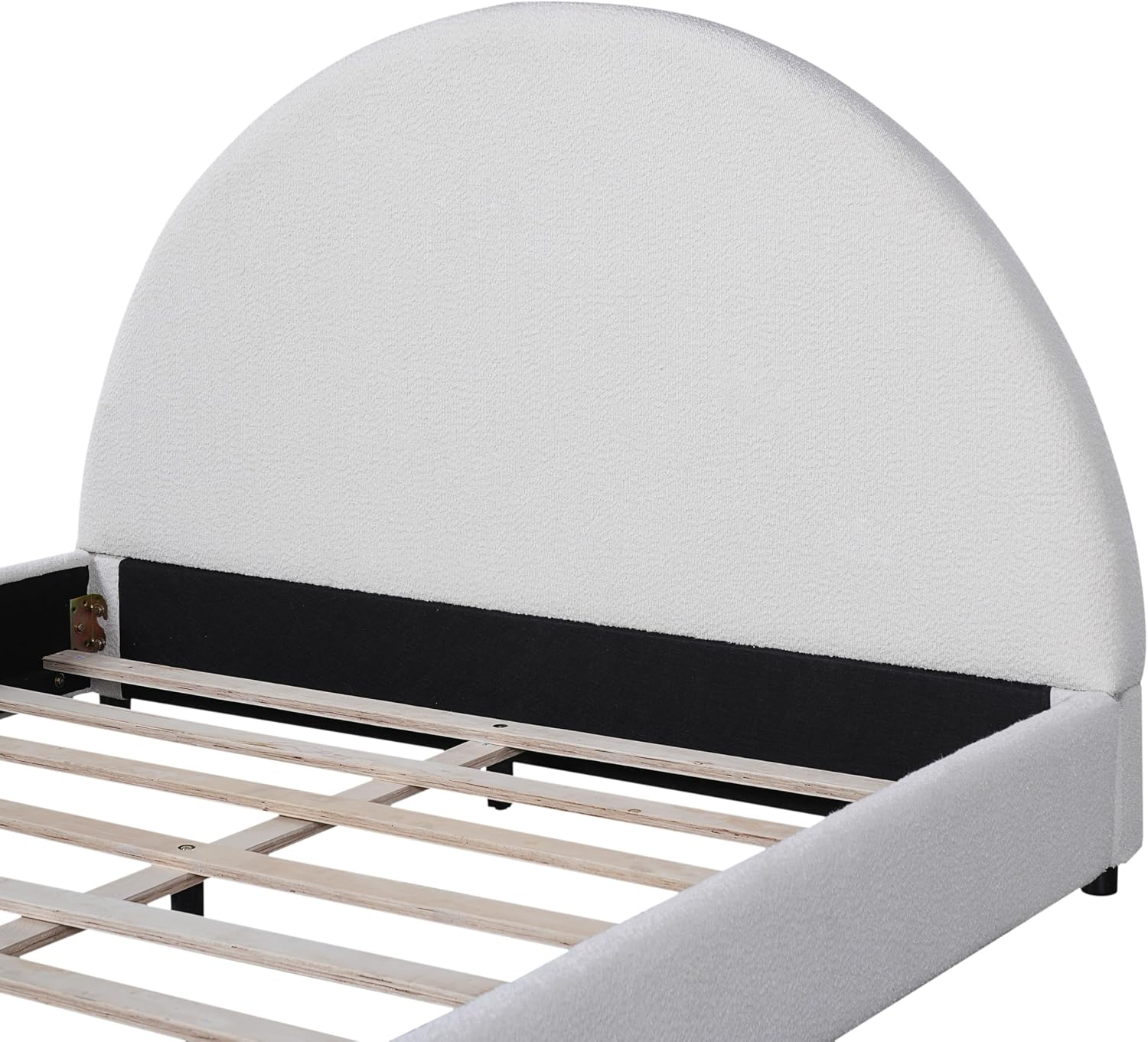 JIVOIT Modern Queen Size Bed Frame with Curved Round Headboard, Boucle Upholstered Platform Bed Frame with Sturdy Support Slats, No Box Spring Needed