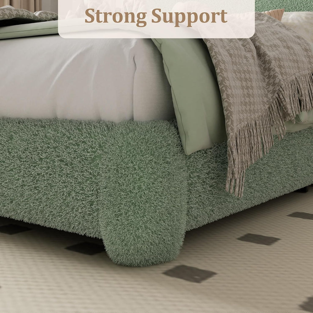 Queen Boucle Platform Bed Frame with Adjustable Headboard, Upholstered Cloud Queen Bed, Anti-Collision Soft Rounded Corners, No Box Spring Needed, Noise Free, Easy Assembly, Green