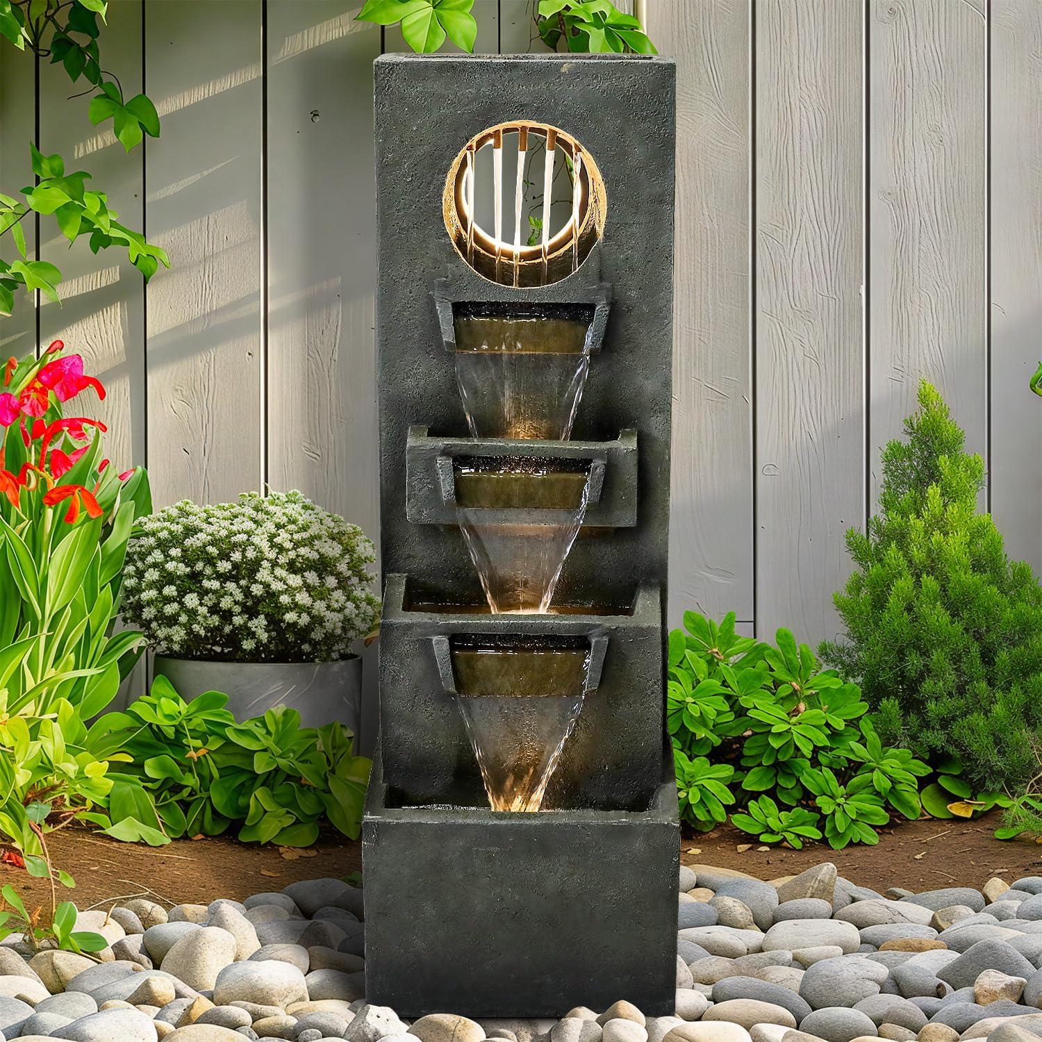 Naturefalls 39.3' H Modern Outdoor Fountain - 4-Tiered Outdoor Garden Fountains with Contemporary Design&LED Light for Garden, Patio, Deck, Porch, Backyard and Home Art Decor
