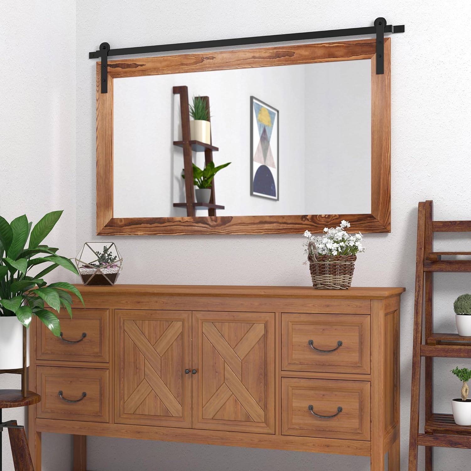 COGOOD Farmhouse Barn Door Mirror - 41' x 26' Rustic Wood Framed Wall Mirror for Bathroom, Living Room, Bedroom Wall Decor (Brown)