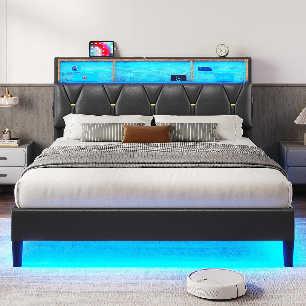 HAUOMS LED Full Bed Frame with Type-C & USB Charging Station, Full Size Bed Frame with Storage Headboard, Modern Pu Leather Platform Bed with Shelf Headboard, Easy Assembly, Noise-Free, Black