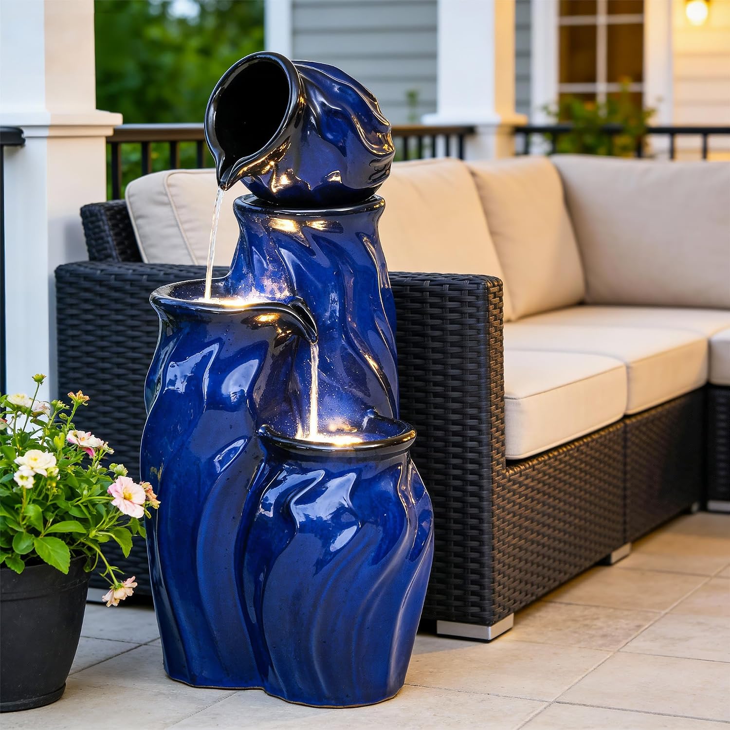 29' Ceramic Water Fountain Outdoor, 4-Tier Dynamic Wavy Outdoor Fountain with Artistic Cobalt Blue Glaze, Decorative Water Feature, Cascading Waterfalls for Serene Garden Patio Yard Porch Decor