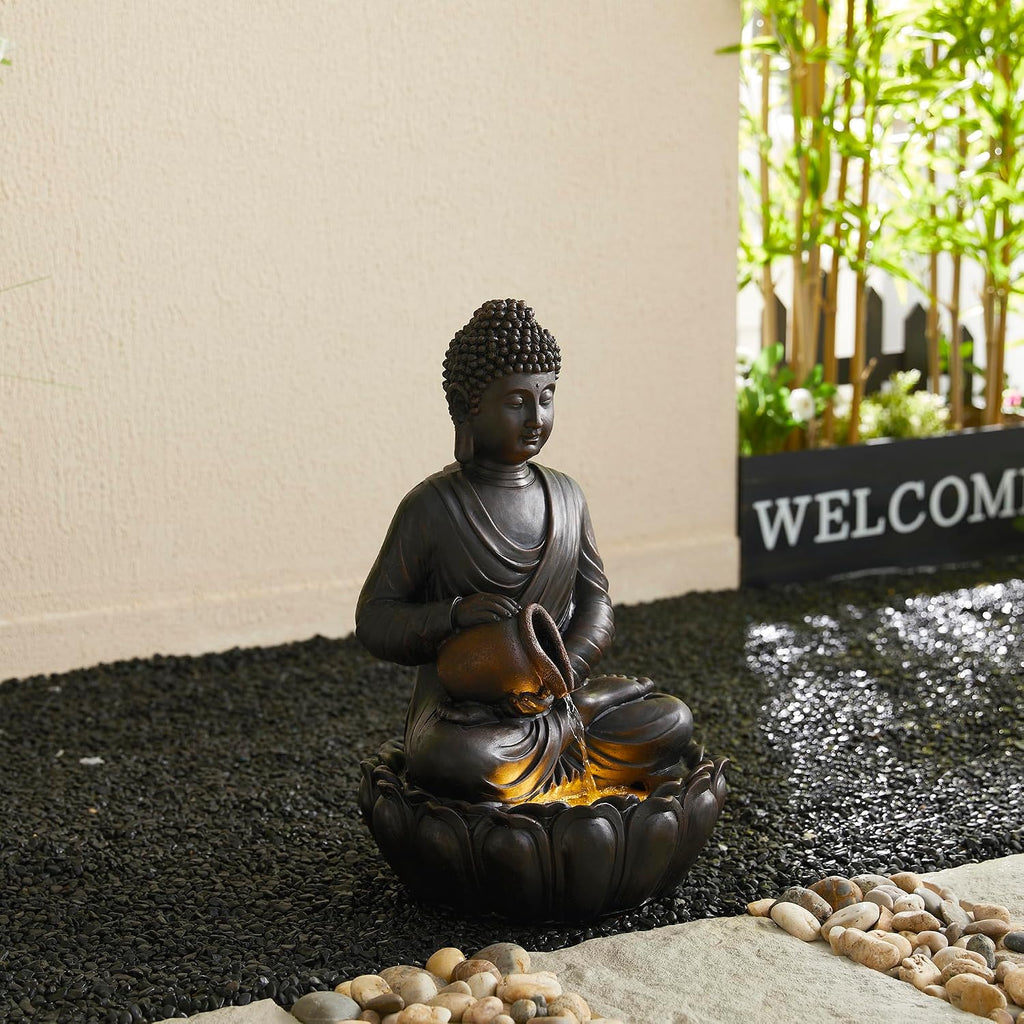 Glitzhome Buddha Fountain Outdoor 2 Tier Zen Style Buddha Water Fountains with Pump & LED Light, Buddha Fountains and Waterfalls Outdoor Floor Fountain Buddha Statues for Garden Patio Backyard 20.5'H
