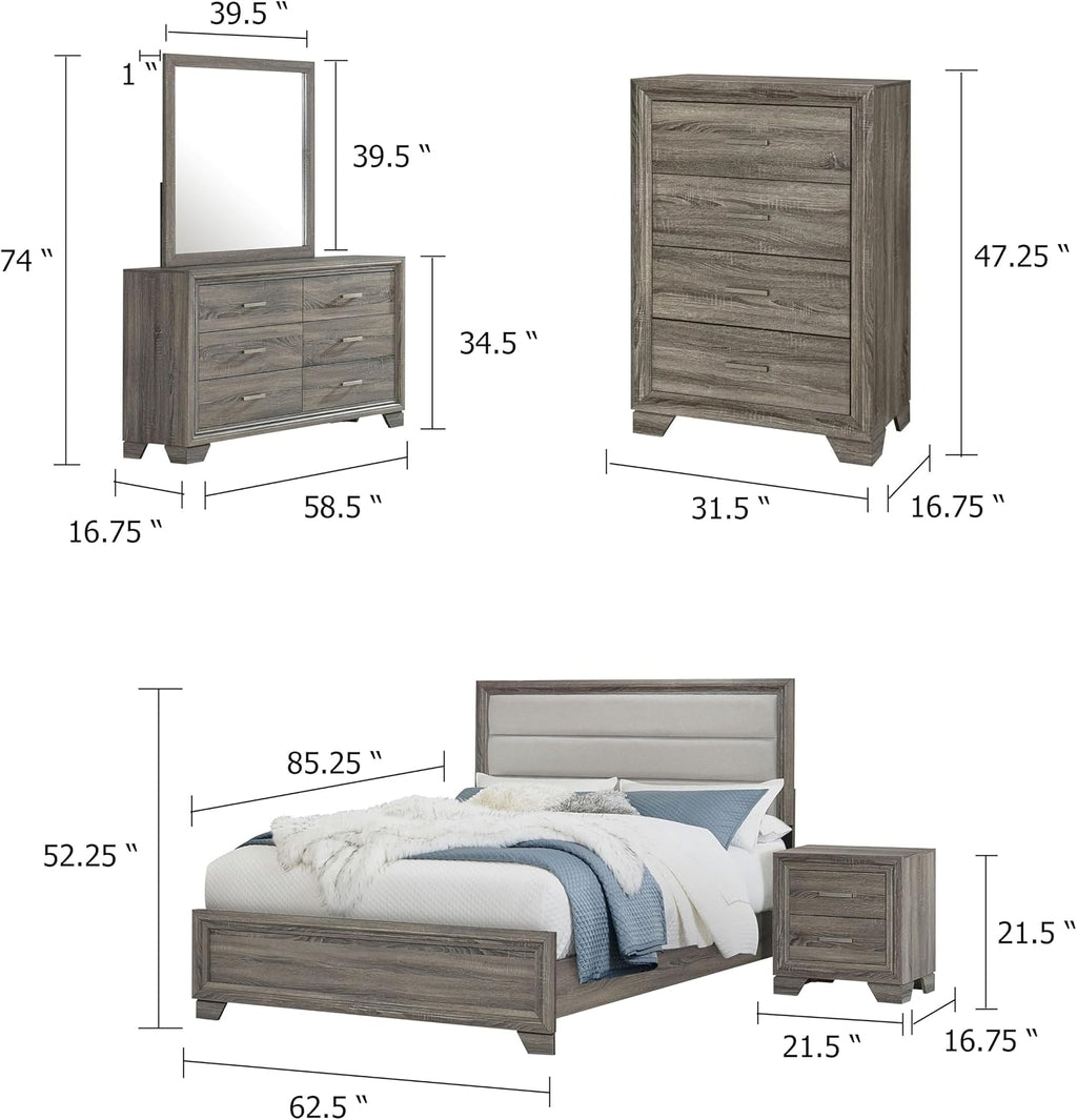 Benzara Reay 5 Piece Queen Bedroom Set with Dressers, Upholstered, Gray Brown
