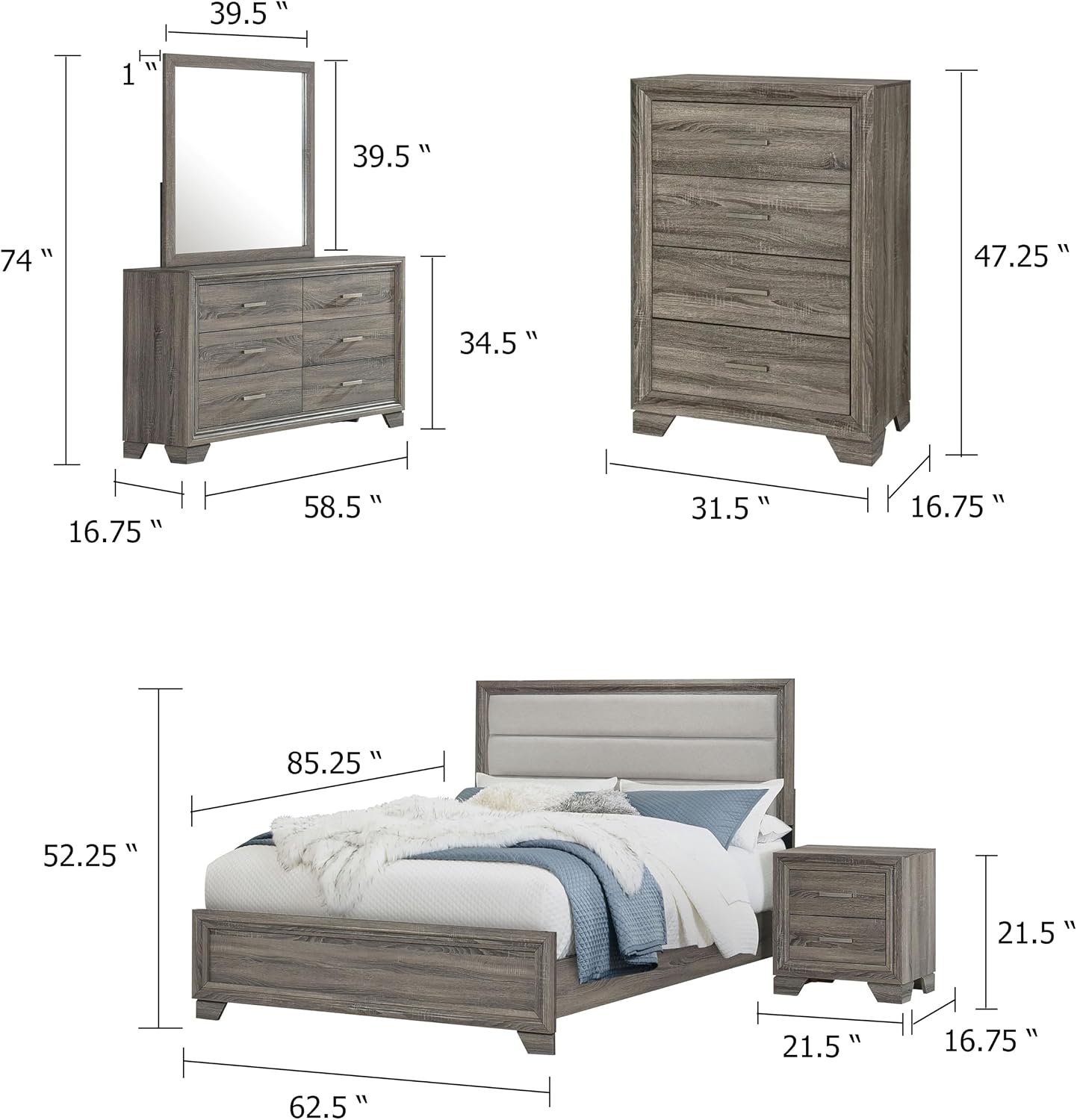 Benzara Reay 5 Piece Queen Bedroom Set with Dressers, Upholstered, Gray Brown