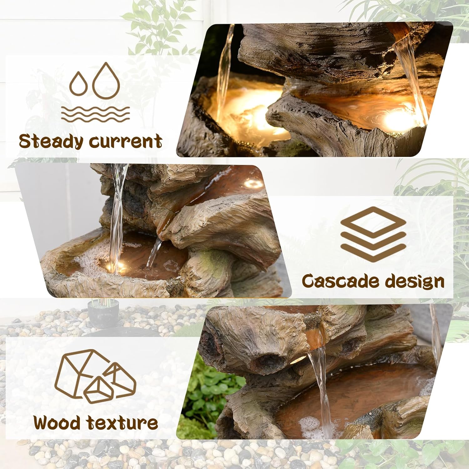 Sunlinua 40' H Outdoor Water Fountain with 5 Tiers Large Cascading Realistic Tree Trunk Waterfall Fountains with LED Lights Outdoor Water Fountain for Garden Patio Backyard Porch Home Decor