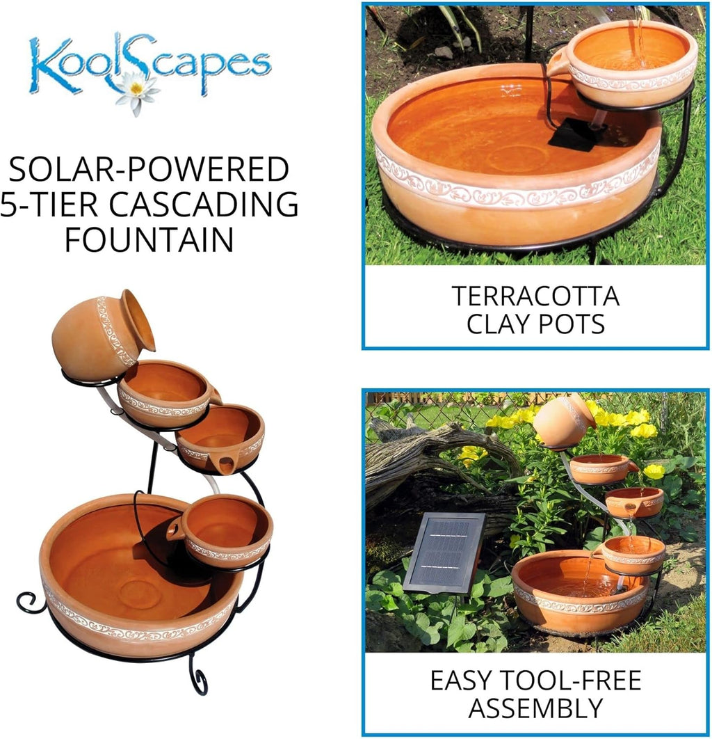 Koolscapes Solar-Powered 5-Tier Cascading Fountain, Terracotta Clay Pots, Self-Contained Water Feature, Low-Maintenance Outdoor Fountain for Deck Porch Balcony Garden Yard Pool Patio