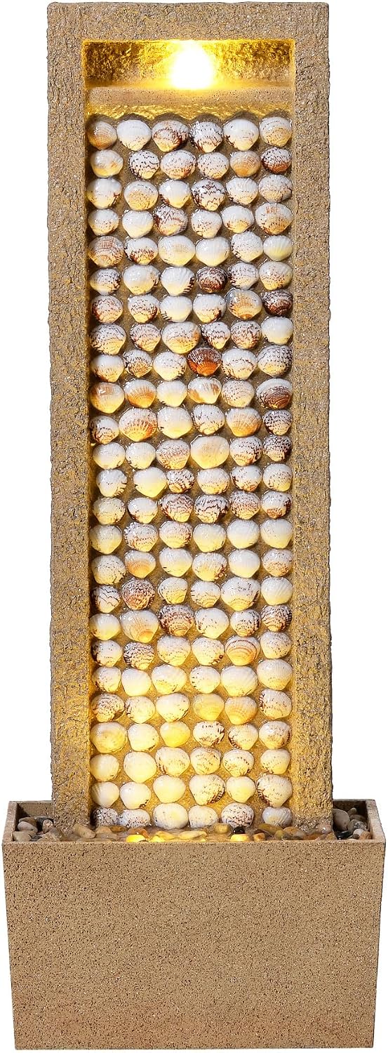 Teamson Home Coastal Seashells Design Outdoor Water Fountain–Warm Glow Lighting with Steady Flow & Electric Pump, Brown