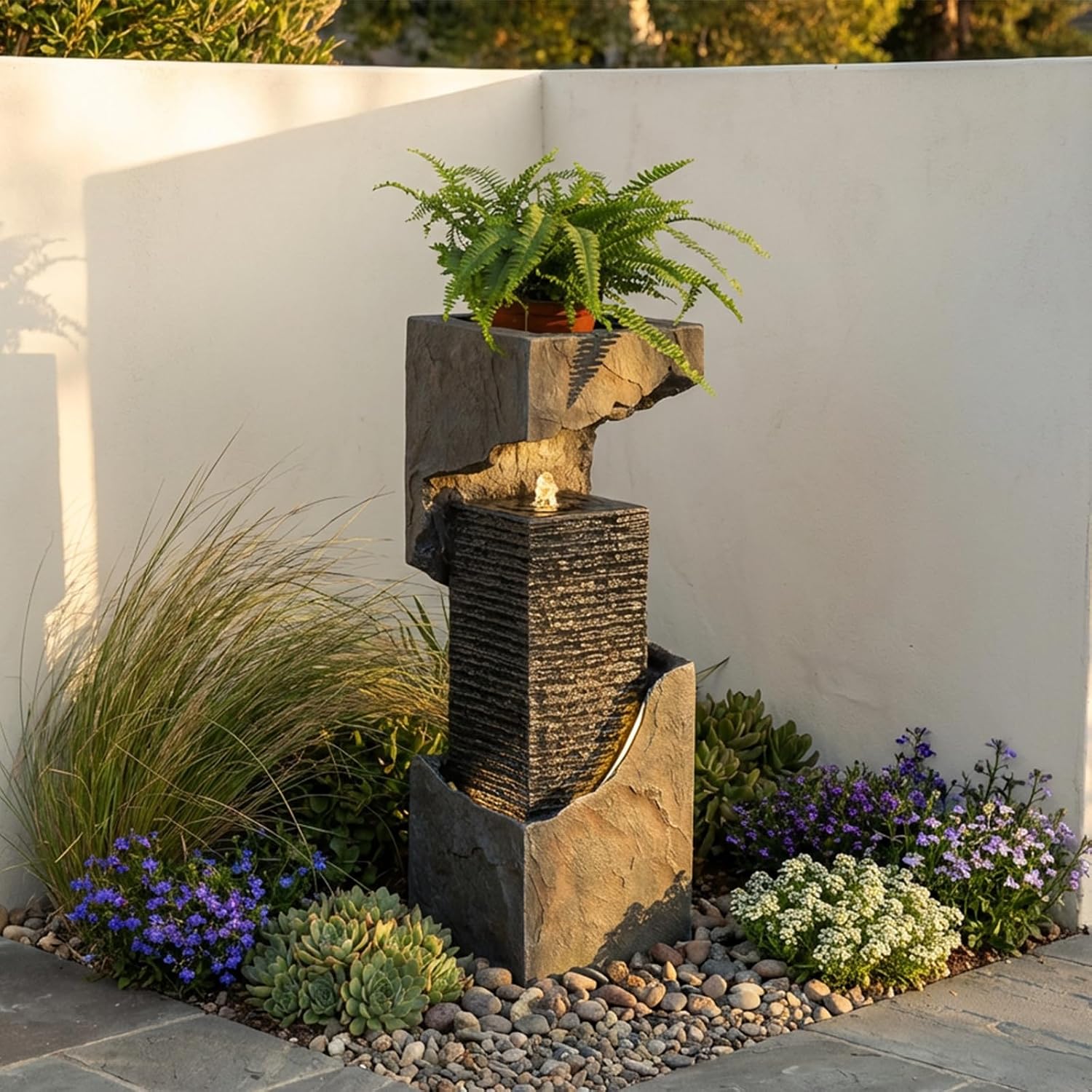 Modern Rectangular Water Fountain Outdoor with LED Lights & Planter Top, 35.4' Tall Resin Cascading Waterfall Feature for Patio Backyard Garden Décor, Outdoor Water Feature