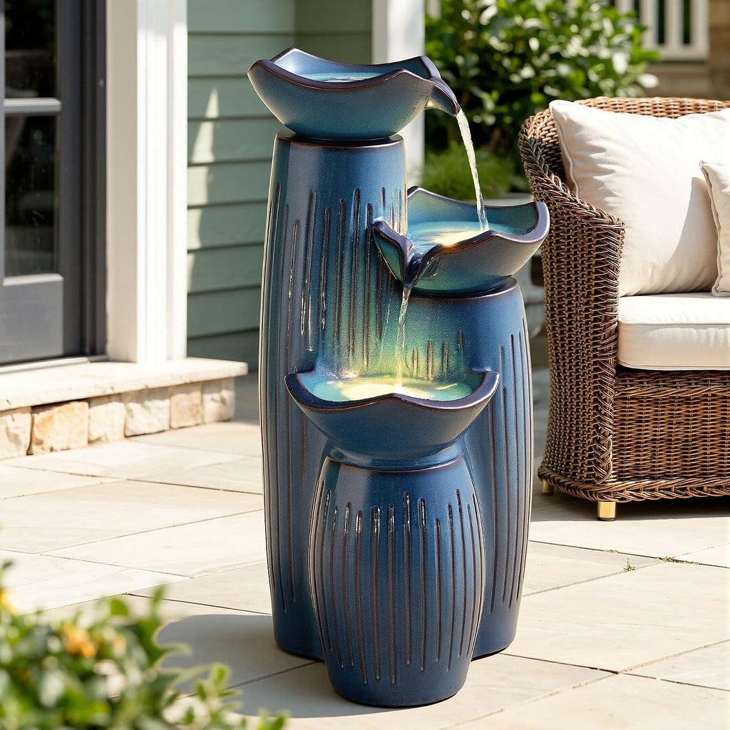 30' H Ceramic Outdoor Water Fountain with LED Lights, 3-Tier Cascading Lotus Bowls Water Feature, Tranquil Waterfall for Relaxing Garden, Patio, Yard, Turquoise, Vertical Striped Texture